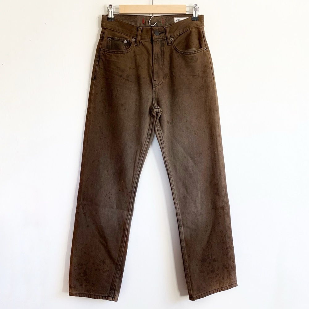 NWOT Zara Brown Splatter Jeans Mid Rise Size 2
